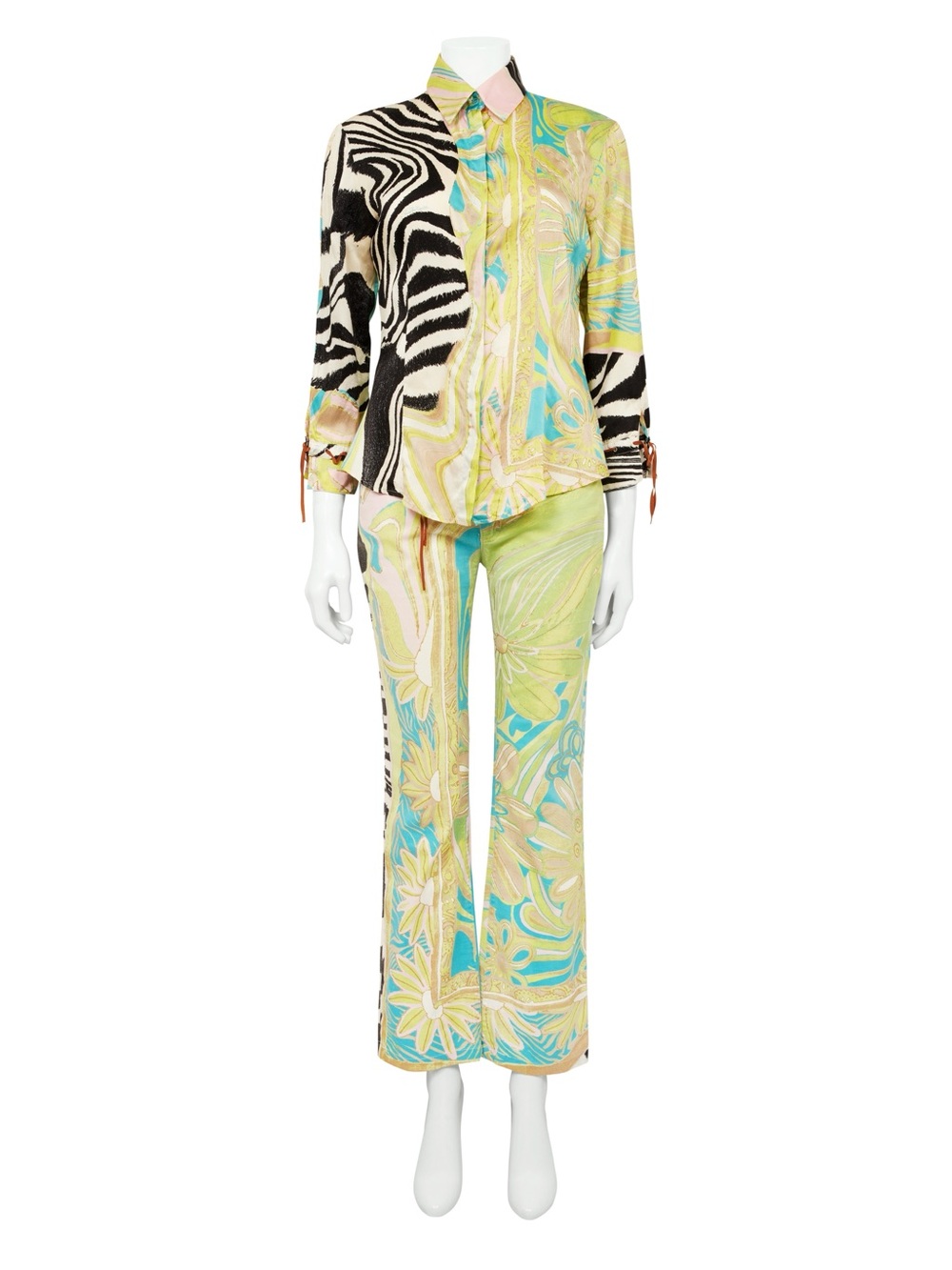 Roberto Cavalli S/S 2004 Green Zebra Print Silk Top & Jeans Set